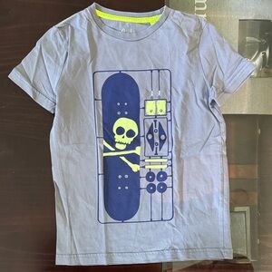 Mini Boden Blue and Yellow Kids T-Shirt with Skull and Skateboard Graphic